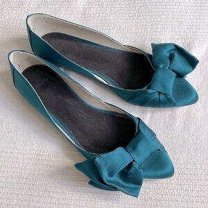 Ras Teal Satin and Leather Pointy Toe Ballet Flats with Bow Size EU36/US5